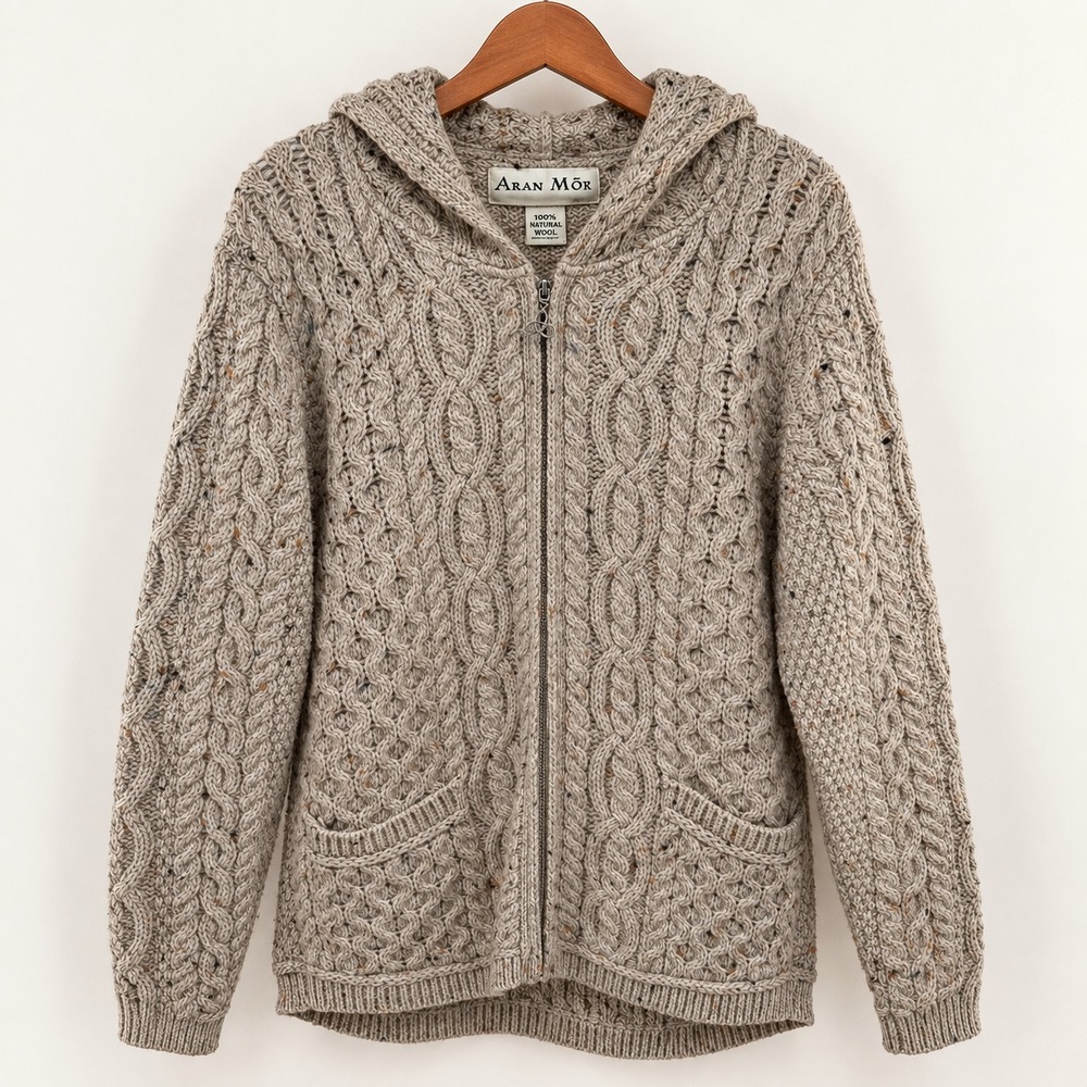 Aran Mor Ireland Merino Wool Cable Knit Hooded Sweater Jacket Oatmeal Large